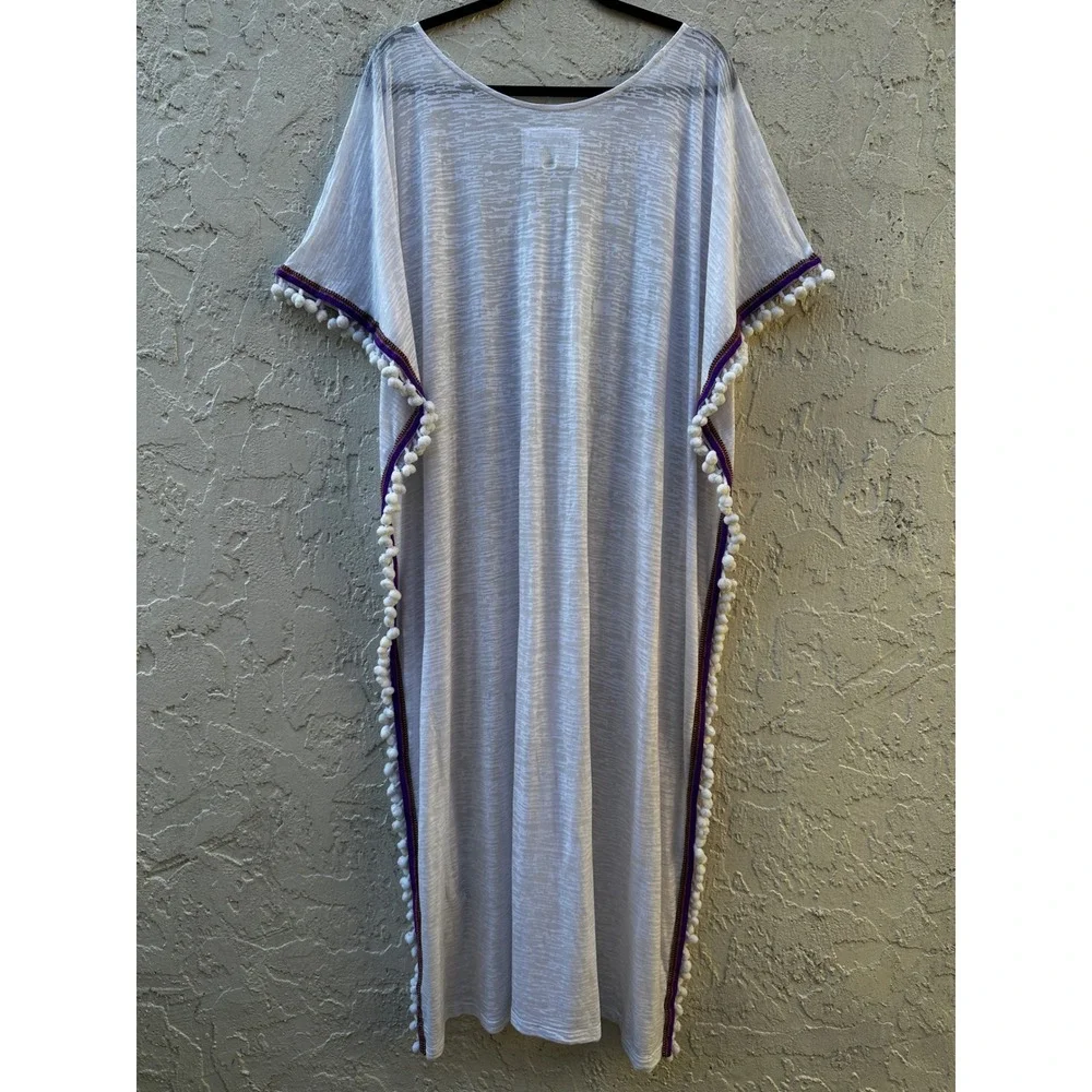 Pitusa White Pom Pom Kaftan Maxi Dress Cover Up Beach Petite One Size Peru